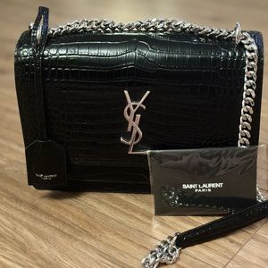 Saint Laurent Black Croc-Embossed Crossbody Bag